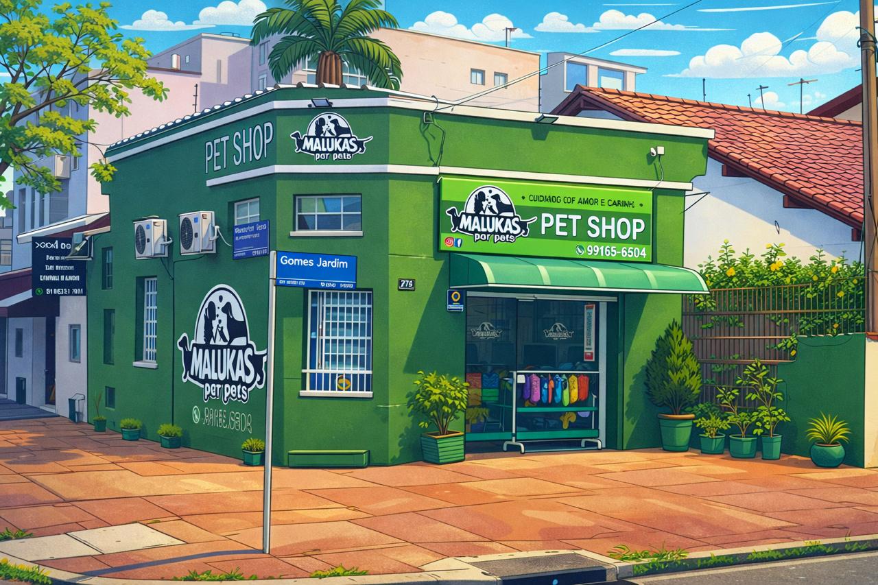 Fachada da loja Malukas por Pets, prédio verde na esquina com a placa da rua Gomes Jardim