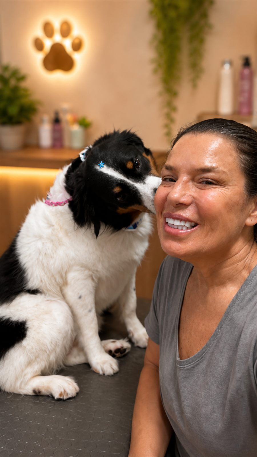 Henkel, um cachorro peludo preto e branco, dando um beijinho no rosto da tutora sorridente dentro do petshop